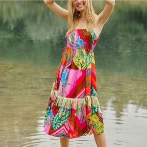 Anthropologie Farm Rio Palila Fringed Midi Dress Tropical Summer Vacation Resort